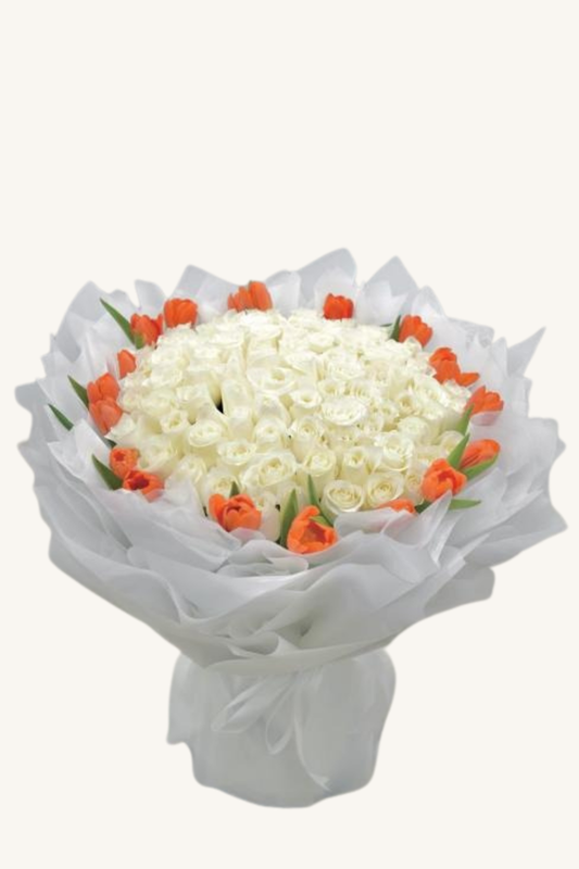White roses served with tulips
