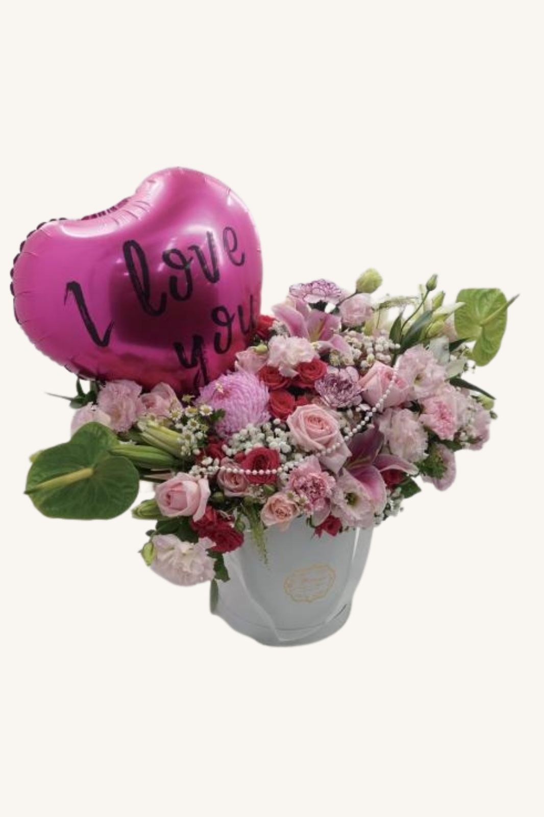 Balloon hug bucket bouquet medium size