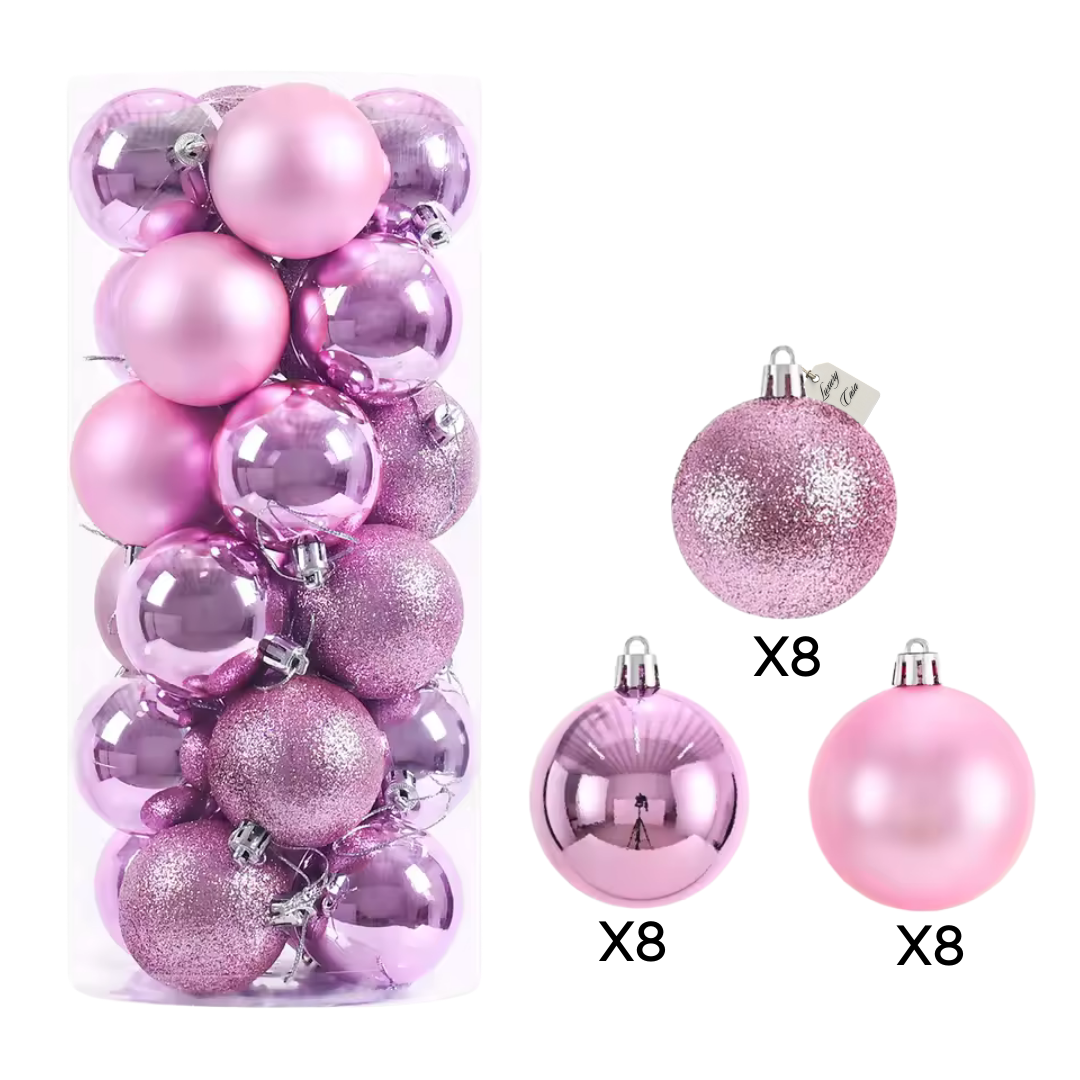 Christmas Baubles Ornaments Set – 24 pcs (8 cm, Glitter, Glossy & Matte Christmas Tree Decorations)