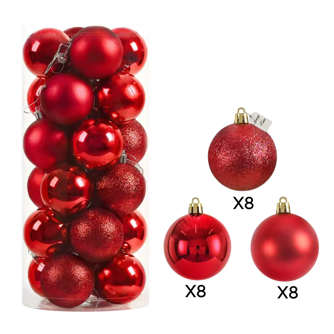 Christmas Baubles Ornaments Set – 24 pcs (10 cm, Glitter, Glossy & Matte Christmas Tree Decorations)