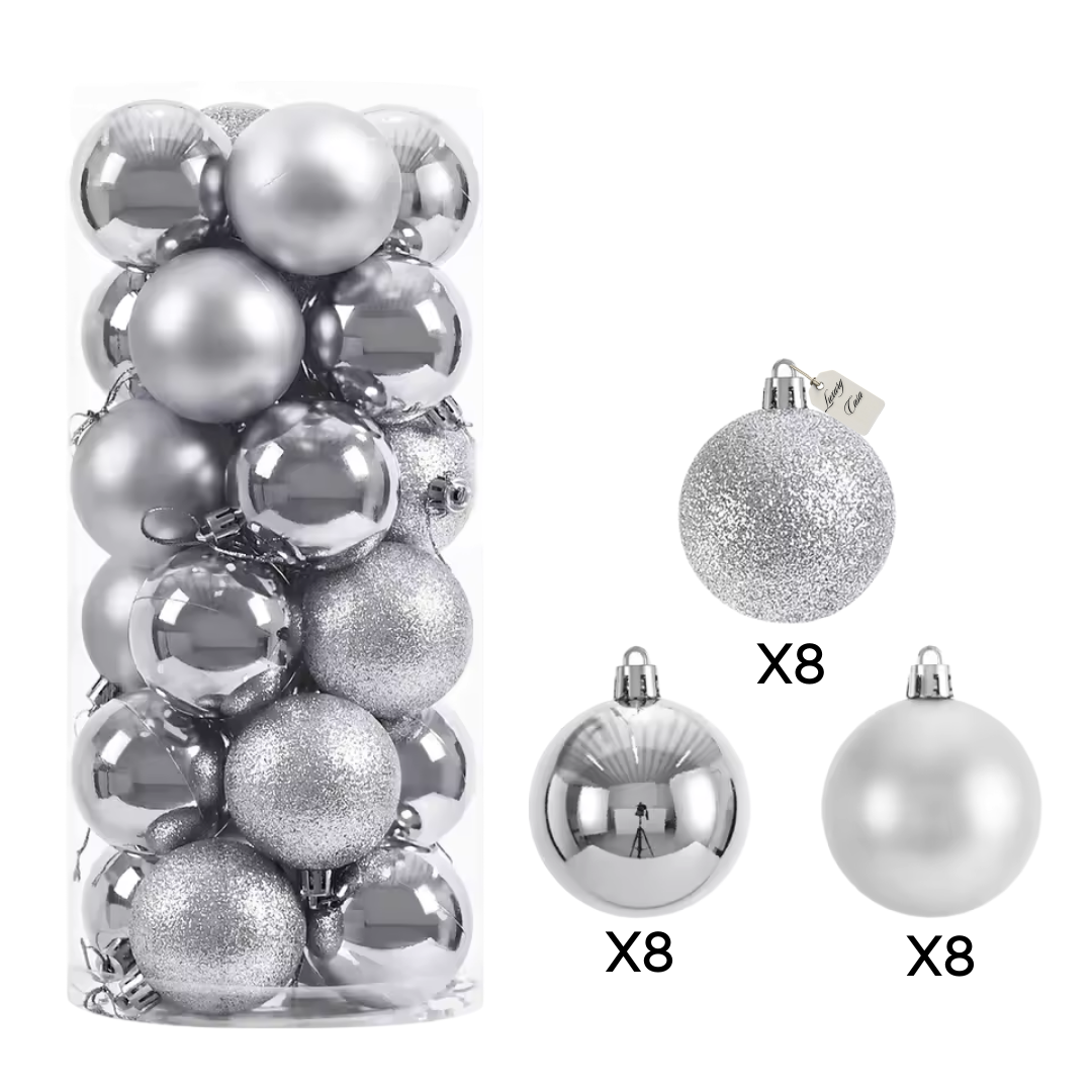 Christmas Baubles Ornaments Set – 24 pcs (8 cm, Glitter, Glossy & Matte Christmas Tree Decorations)