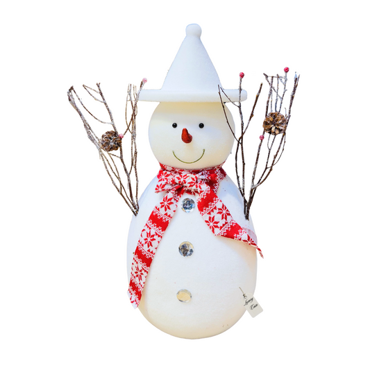 Snowman Decoration with Scarf and Pinecone Branch Arms