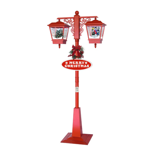 Red Christmas Lamp Post with Dual Lanterns & Snow Scene