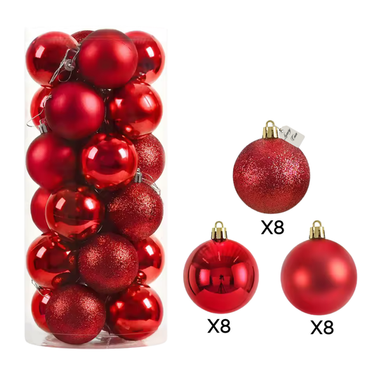 Christmas Baubles Ornaments Set – 24 pcs (8 cm, Glitter, Glossy & Matte Christmas Tree Decorations)
