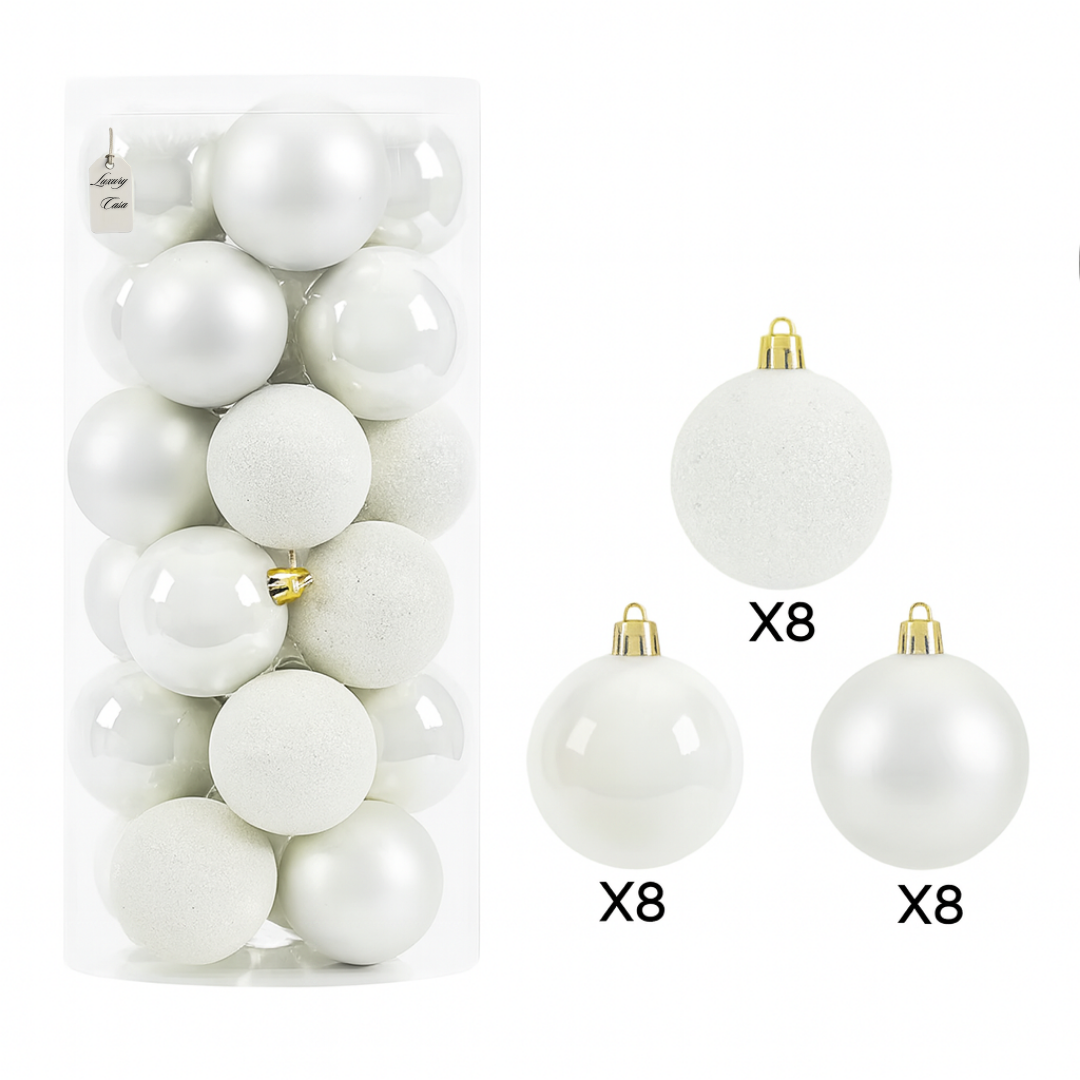 Christmas Baubles Ornaments Set – 24 pcs (8 cm, Glitter, Glossy & Matte Christmas Tree Decorations)