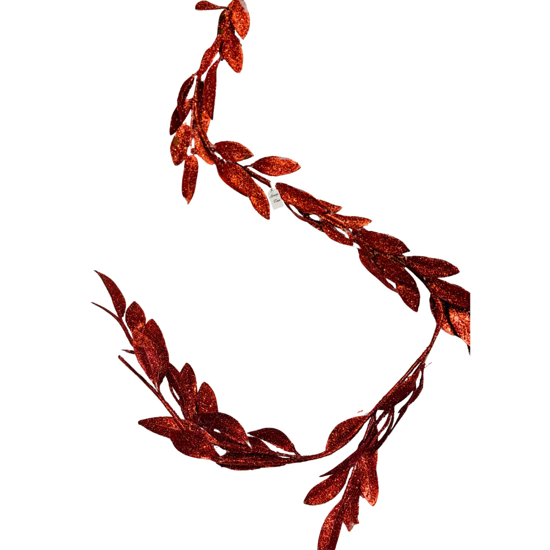 Christmas Red Glitter Leaf Garland Decoration