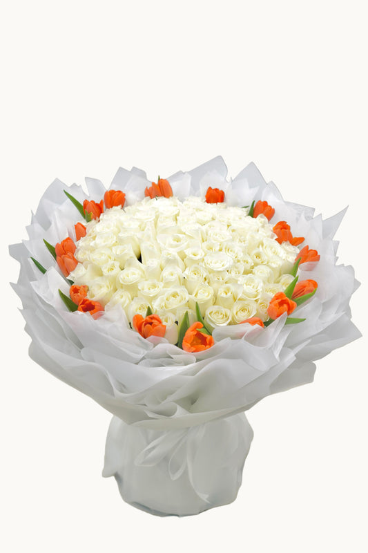 Premium White Roses Served With Tulips